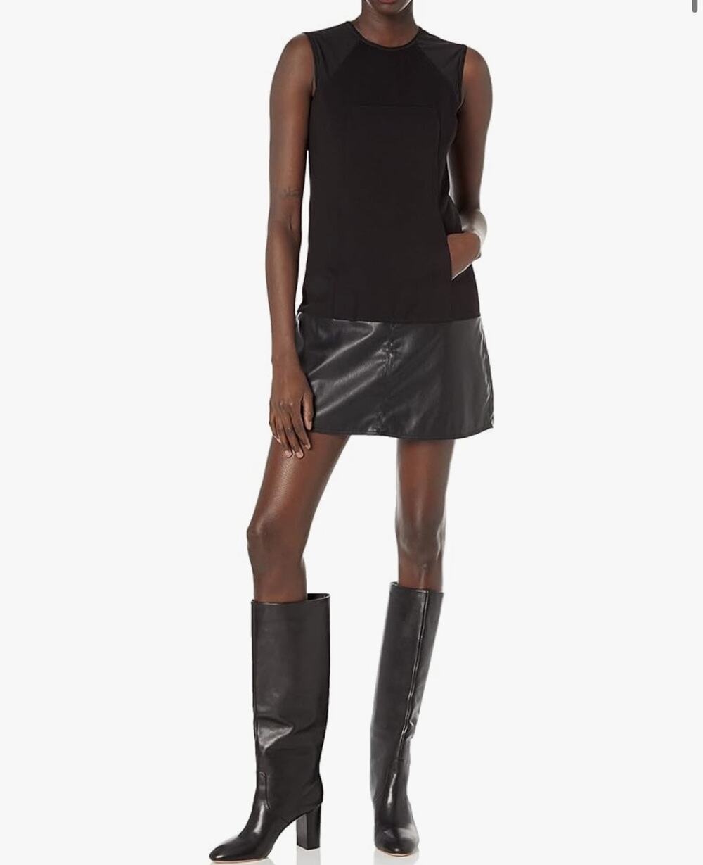 KF Kaufman Franco Women's Black Faux Leather Trim Shift Mini Dress 6